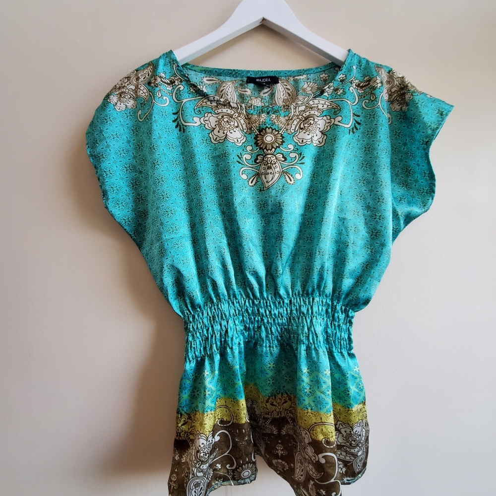 Majora printed Tunic blouse with smocking waist, beautiful teal colour - Small